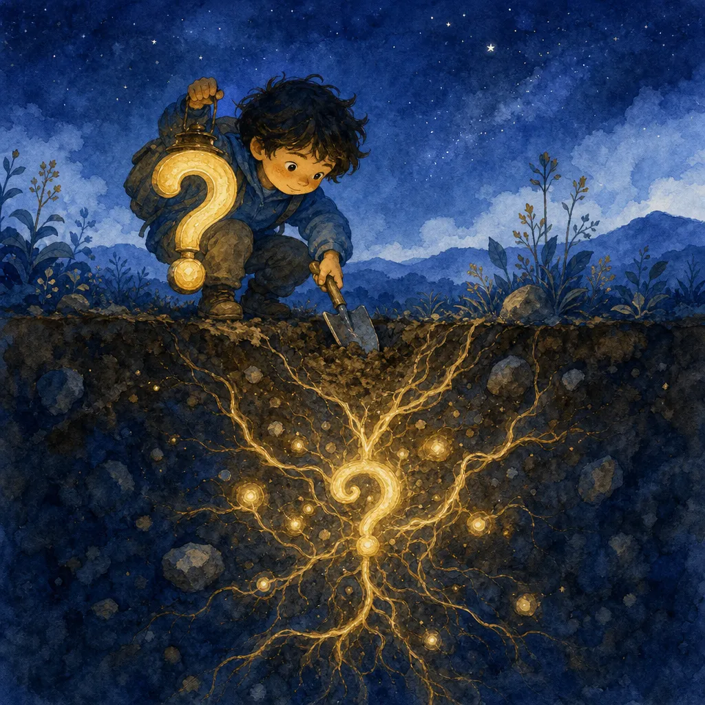 A curious learner exploring glowing roots beneath the surface with a question-mark lantern.