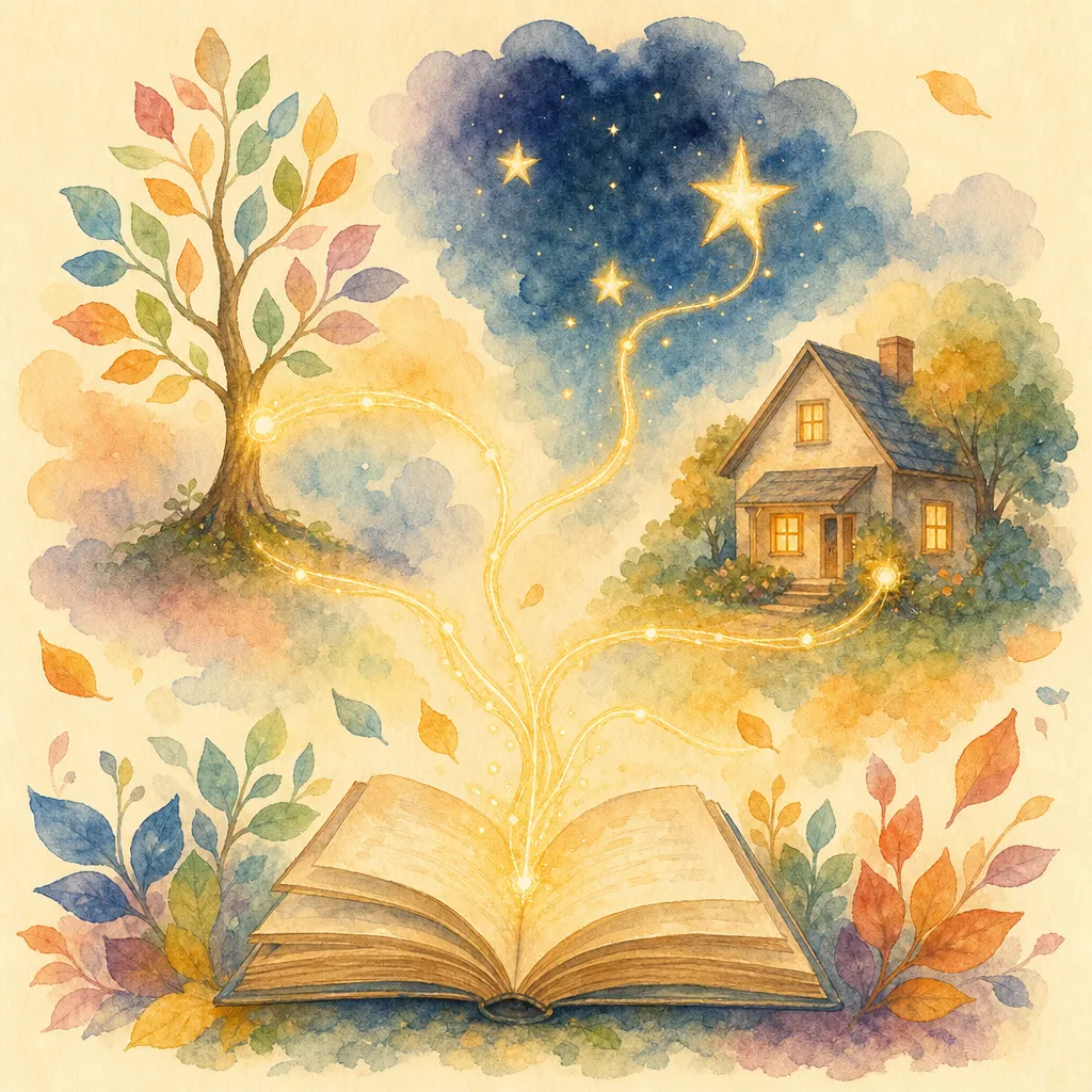 Golden threads linking a book, a tree, a home, and stars — learning connected to life.