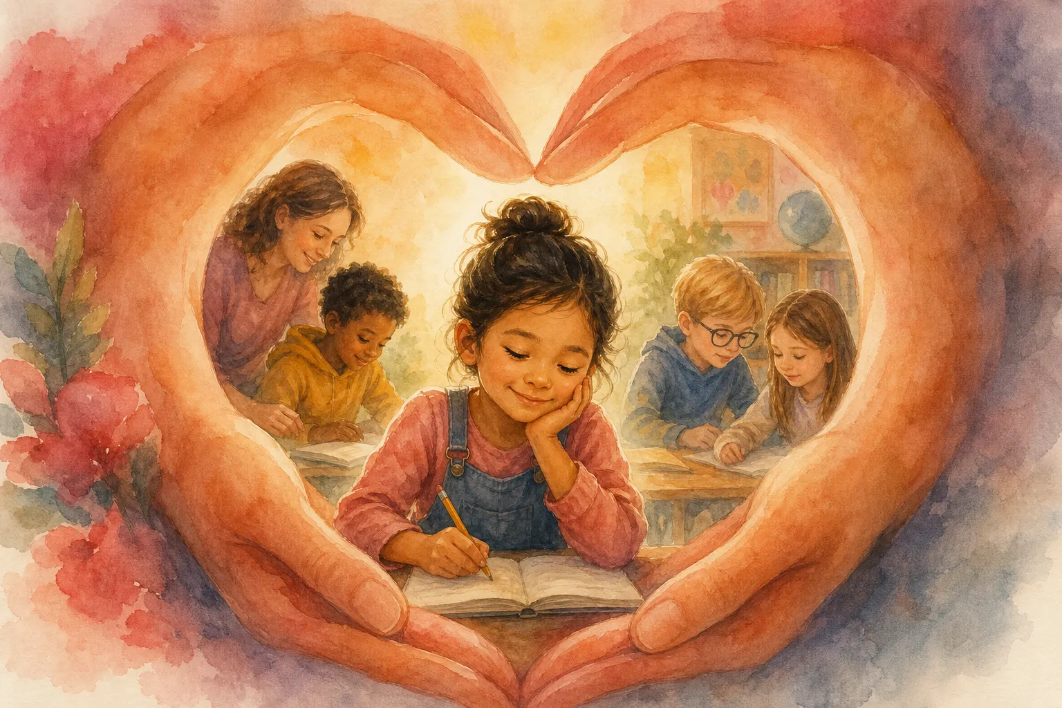 Gentle hands forming a heart around a learner who feels seen and supported.