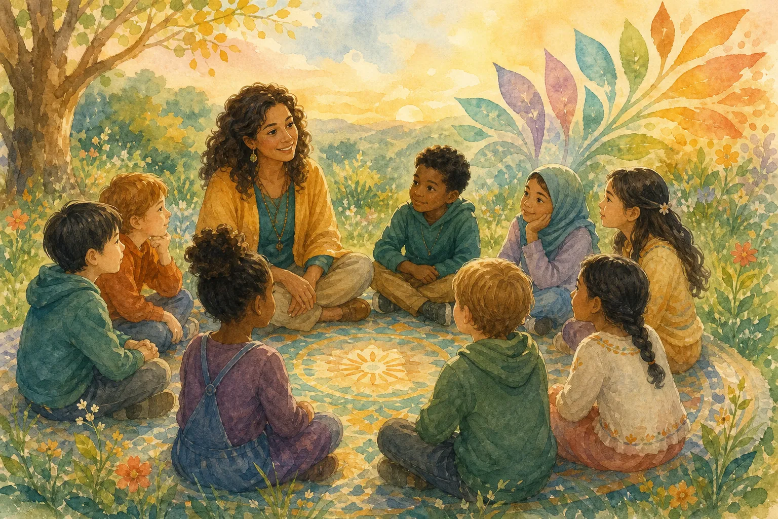 Diverse learners and an educator gathered in a warm circle, listening together.