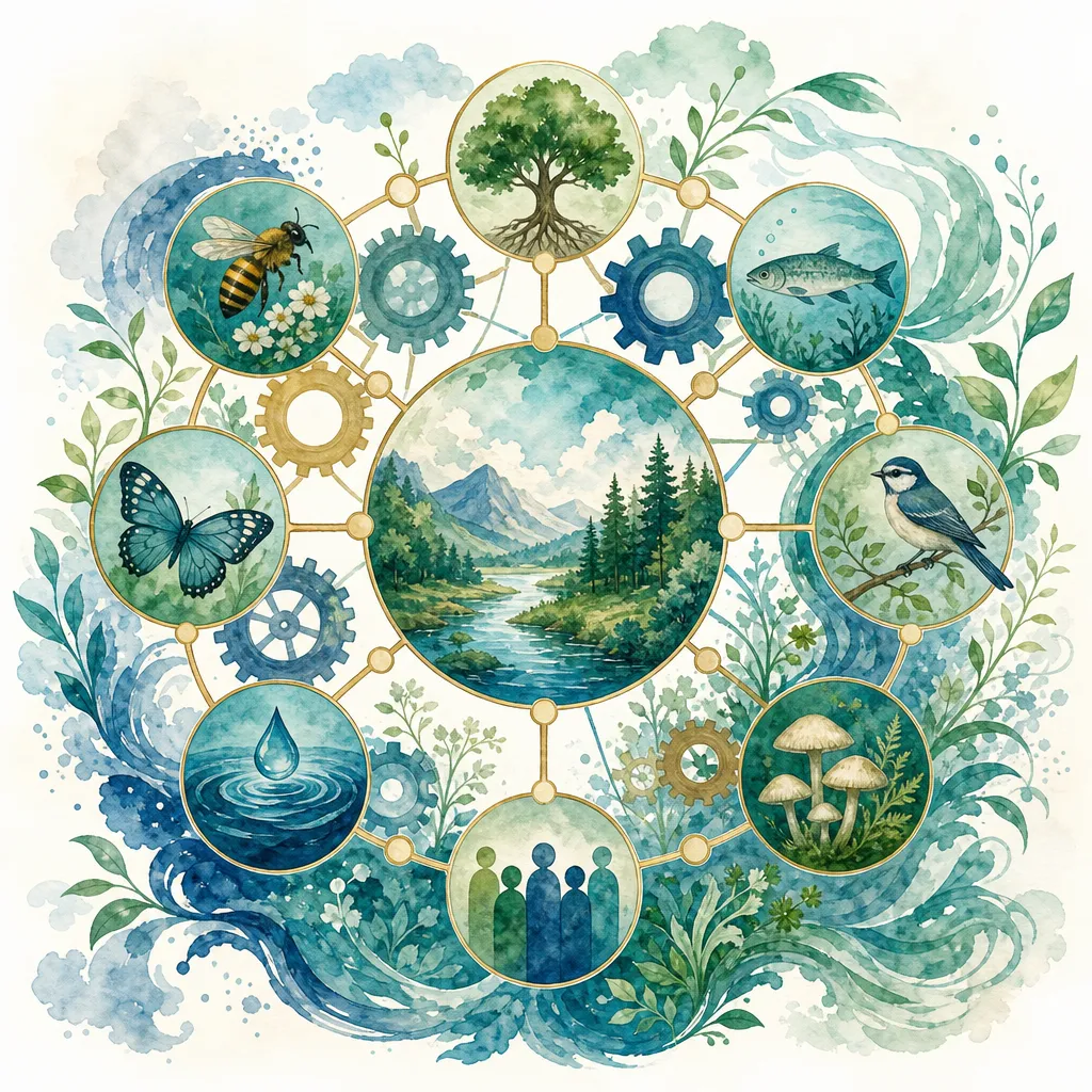 Interconnected nodes, gears, and plants forming one harmonious ecosystem.