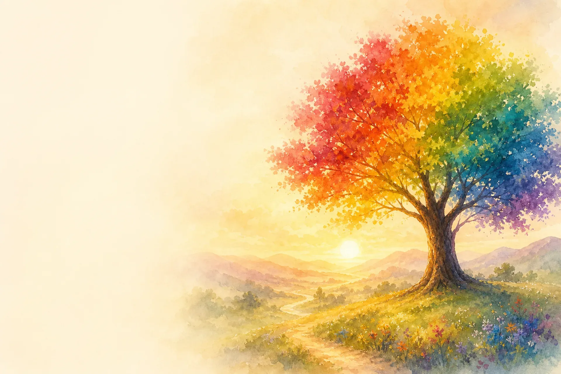 A tree with a rainbow-colored canopy on a hill, overlooking a misty sunrise valley with a winding path.
