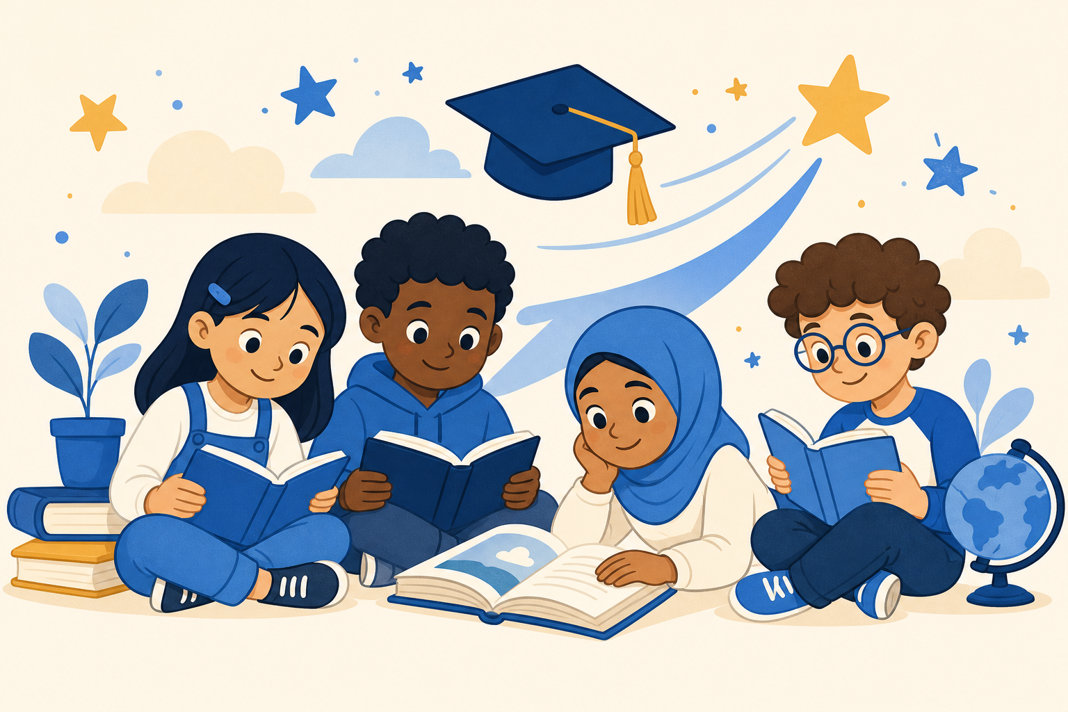 Engaged diverse students reading together with symbols of academic achievement.