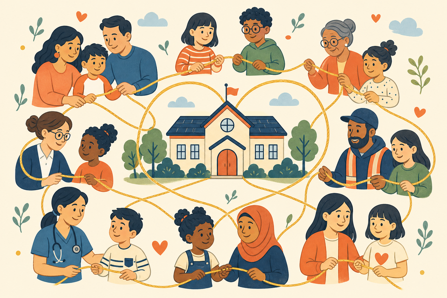 Families, educators, and community members linked around a school.