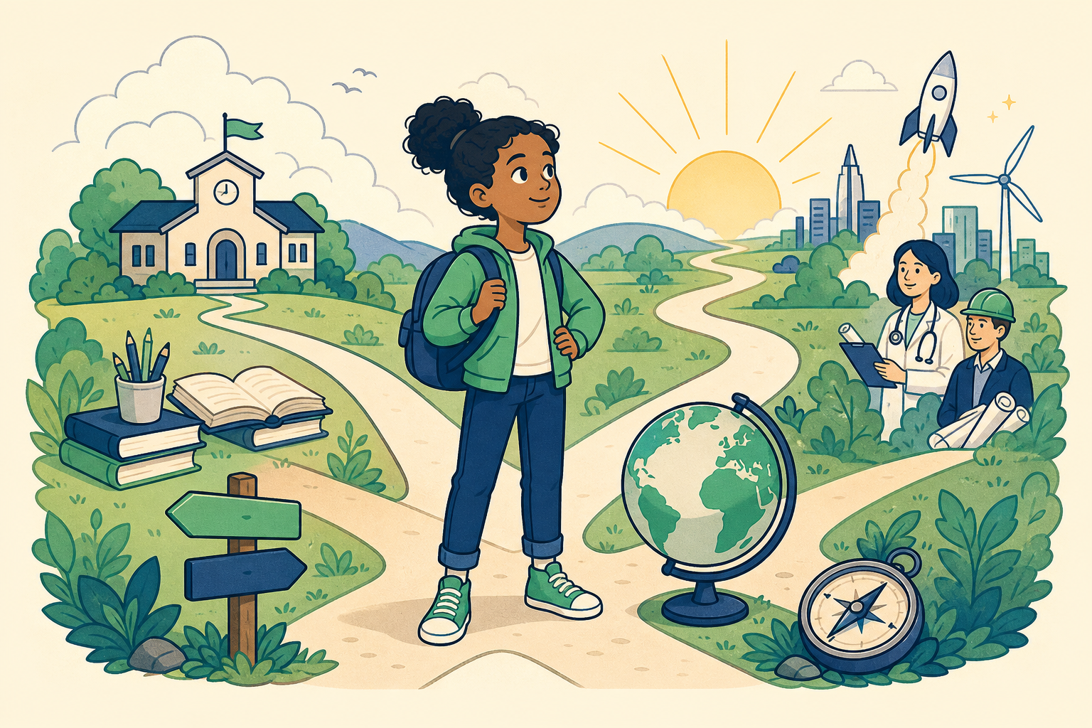 A confident student facing a bright future path with a globe on the horizon.