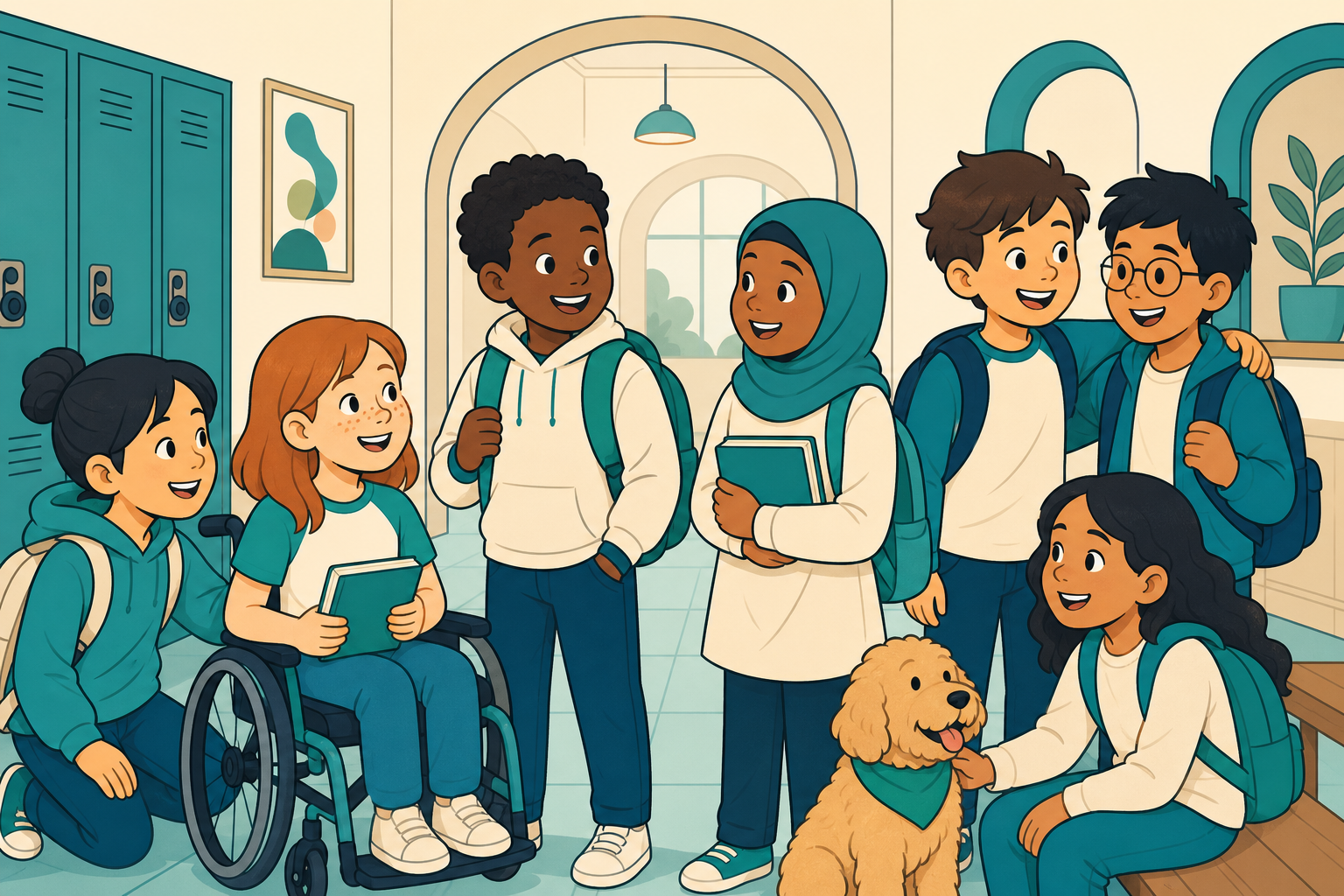 Diverse students connected and smiling in a welcoming school environment.