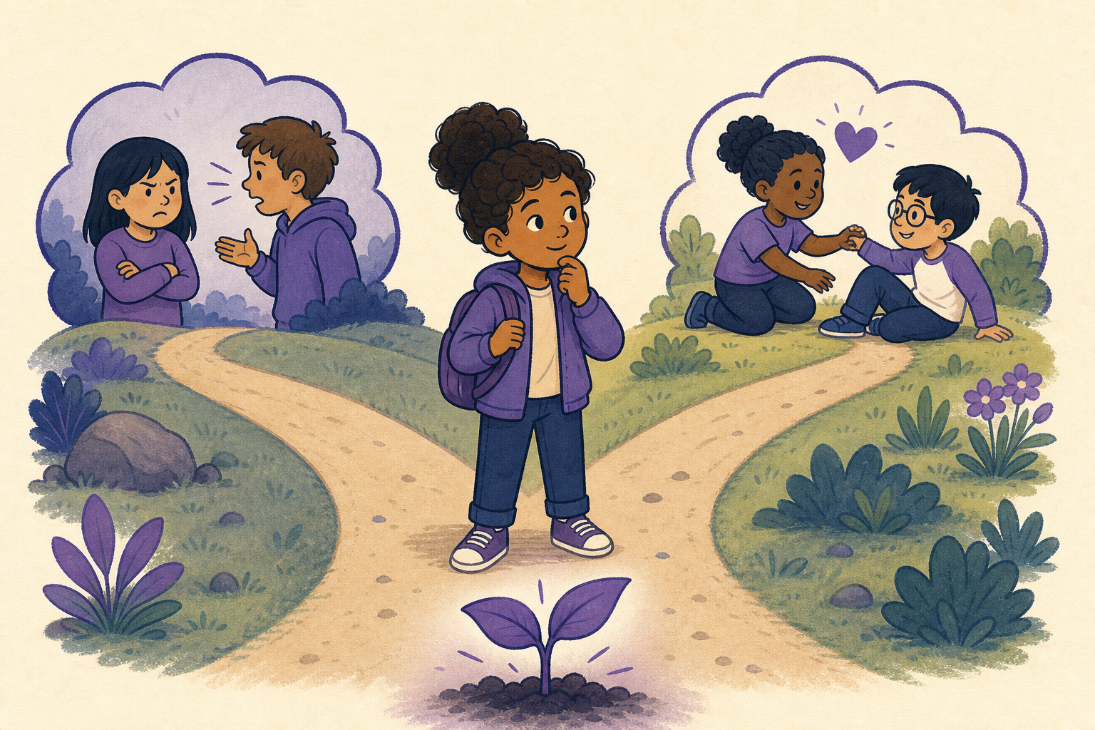 A student thoughtfully choosing a path while a small plant grows, symbolizing strong character.
