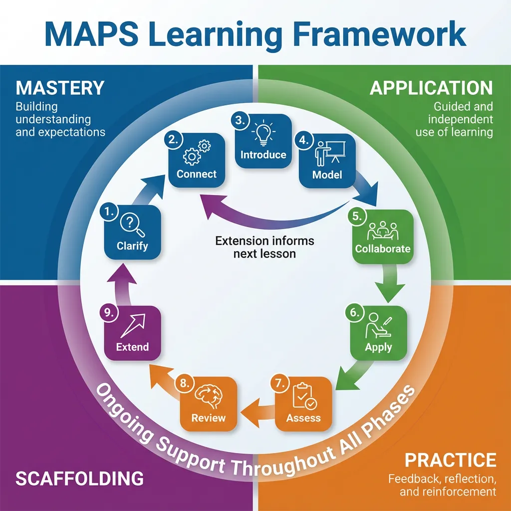 MAPS learning cycle: Mastery, Application, Practice, and Scaffolding quadrants with nine steps — Clarify, Connect, Introduce, Model, Collaborate, Apply, Assess, Review, Extend.