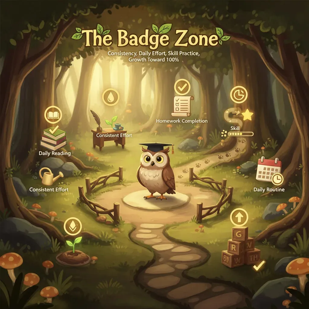 Storyboard panel 7: Badge Progress & Mastery