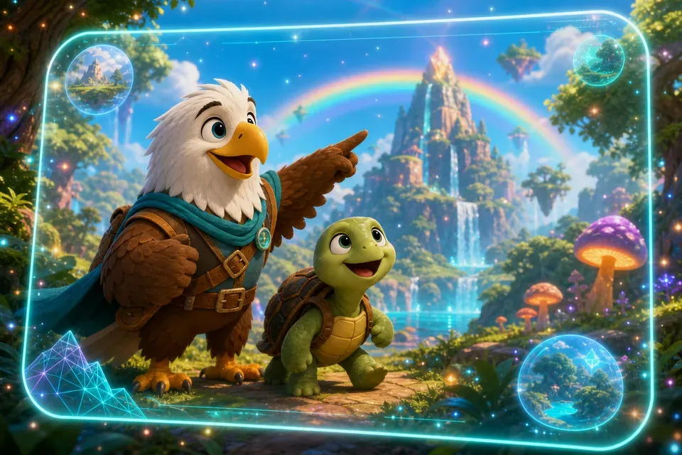 An AR/VR scene: a friendly eagle and a little turtle adventuring in a magical fantasy landscape framed by a glowing interface.