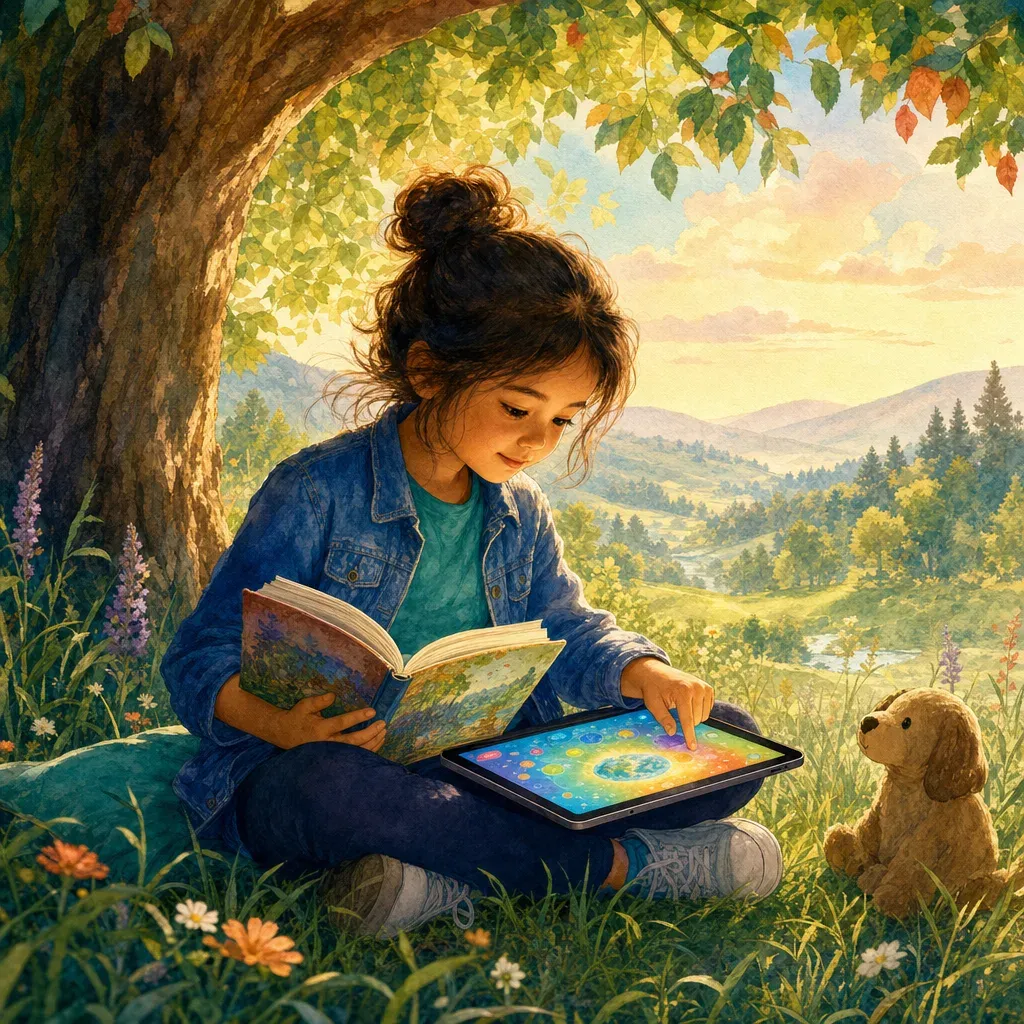 A child reading a storybook under a tree while interacting with a colorful tablet showing a learning activity.