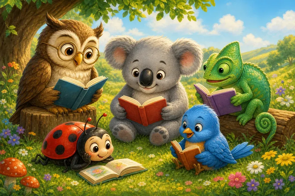 Friendly cartoon animal characters — an owl, koala, ladybug, bluebird, and chameleon — reading books together in a meadow.
