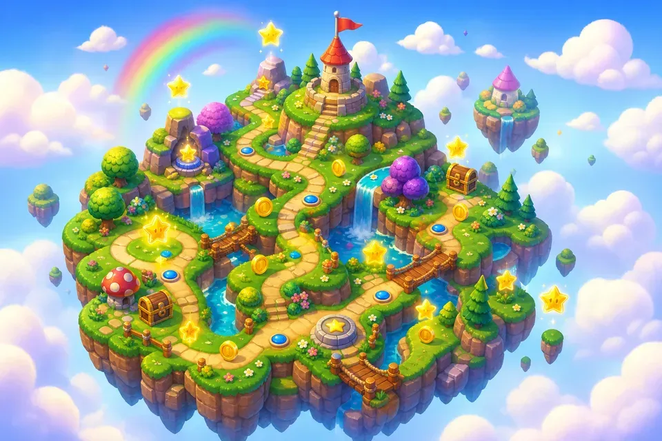 A colorful floating fantasy island game level with winding paths, glowing collectible stars and coins, and a flag at the summit.