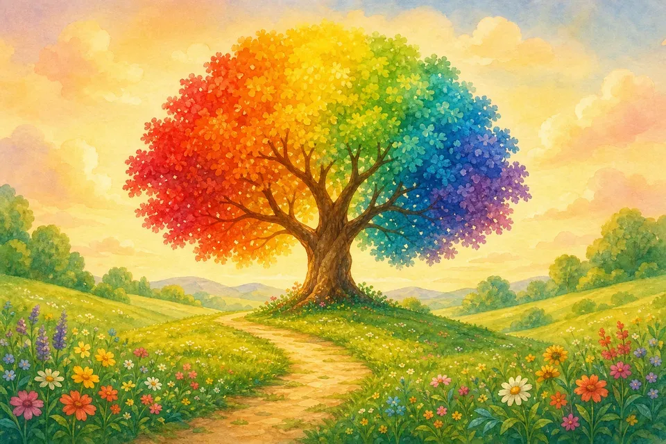 A rainbow-leafed tree growing in a sunny meadow with a winding path — the heart of the JourneyLand framework.