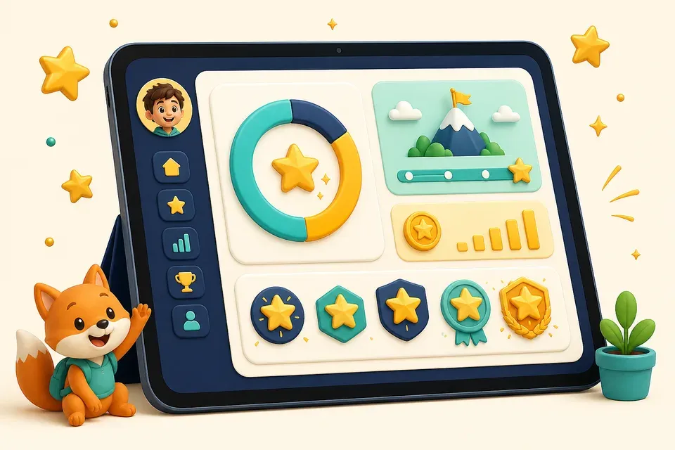 A tablet showing a playful kid-friendly progress dashboard with a progress ring and star badges, with a cheerful fox mascot beside it.