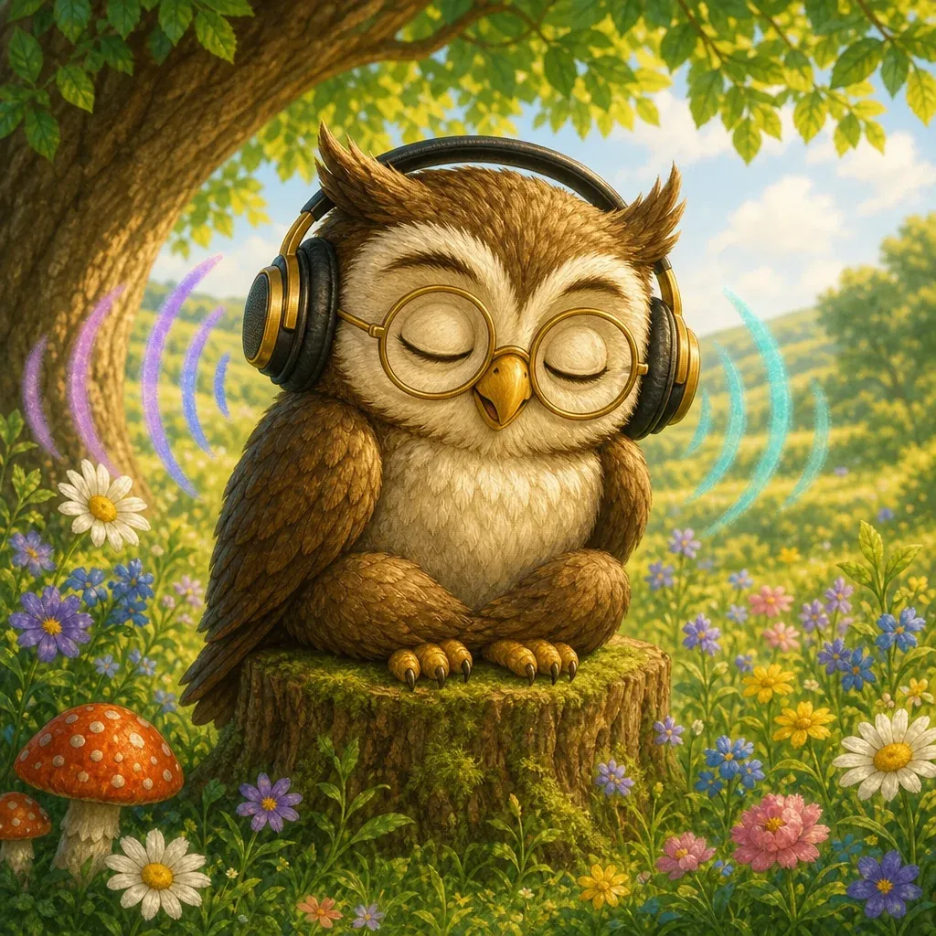 A wise owl wearing headphones on a tree stump, listening to a podcast in a sunny meadow.