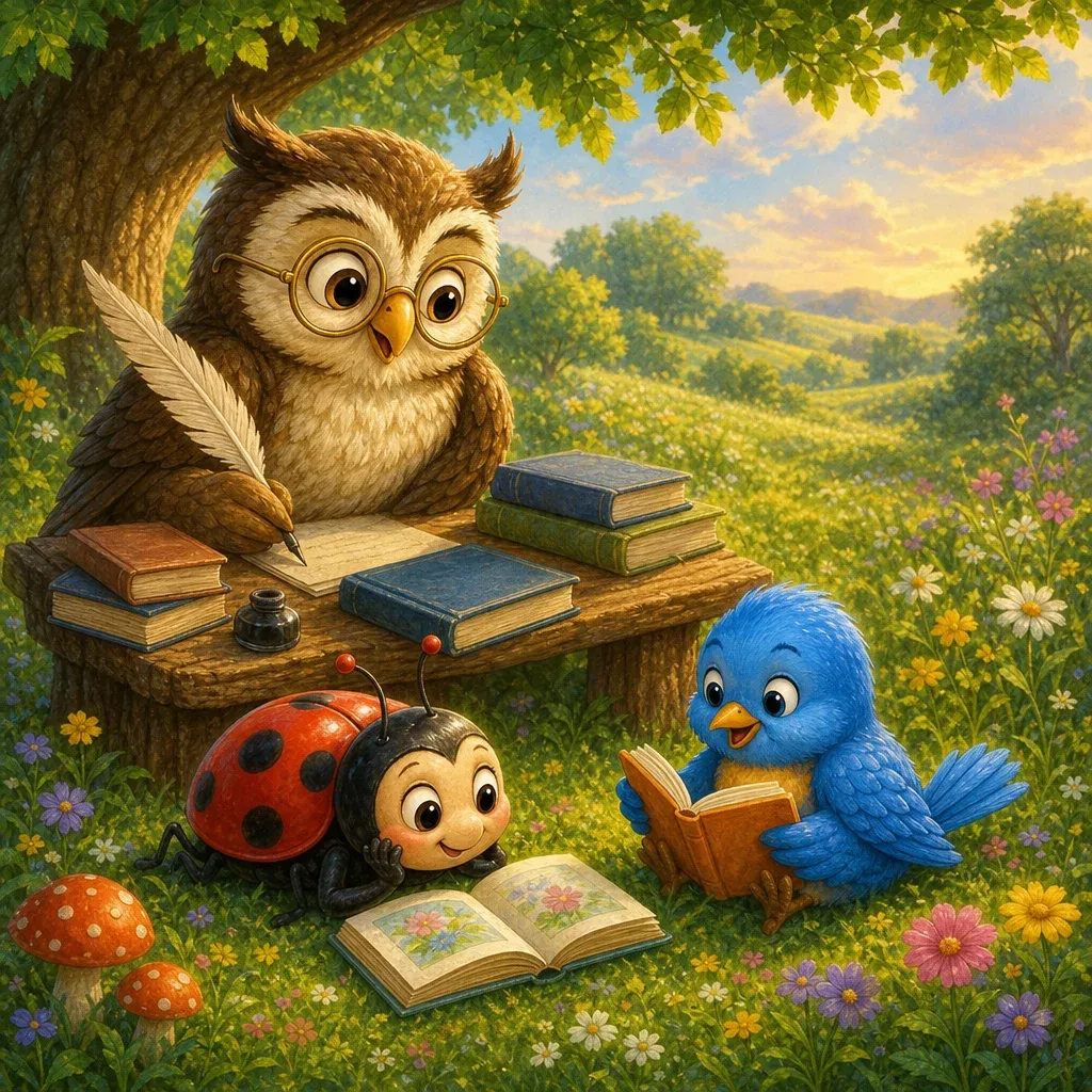 A wise owl with glasses at a desk surrounded by books, with a ladybug and bluebird reading nearby.