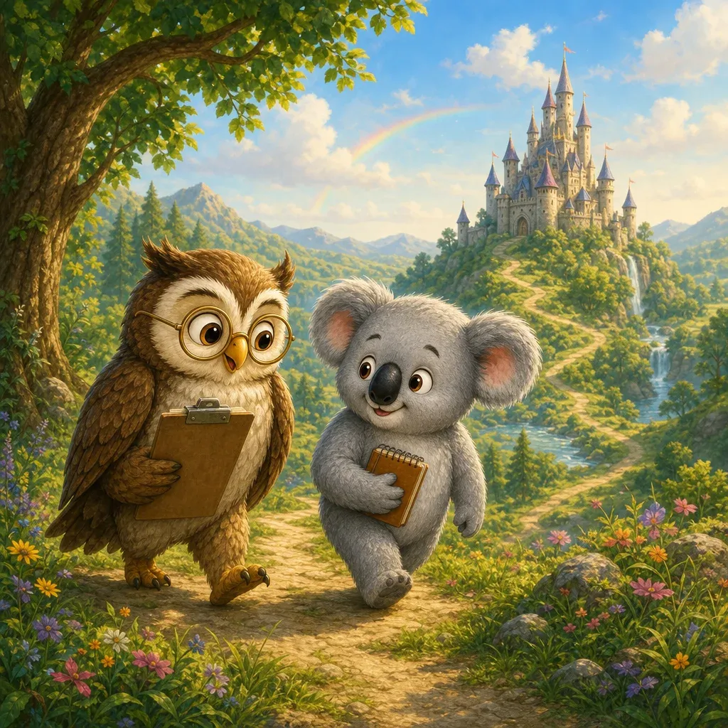 An owl and koala walking a winding path toward a fairytale castle, carrying research notes.