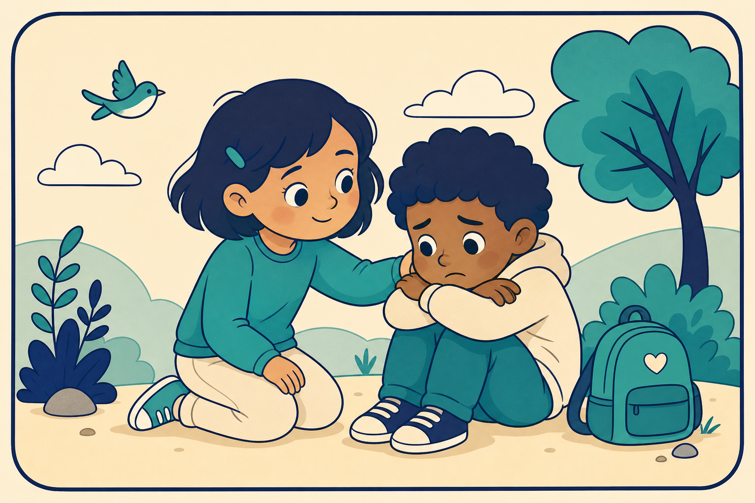 One child comforting another who is sad, representing empathy.