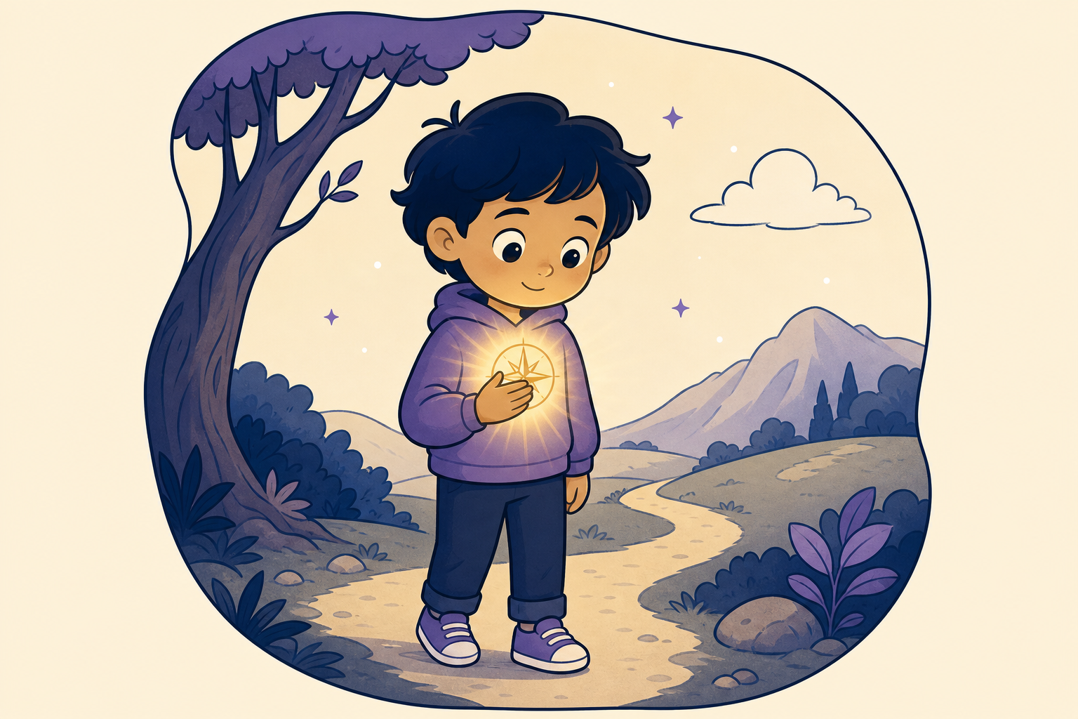 A child quietly doing the right thing with a soft inner light, representing integrity.