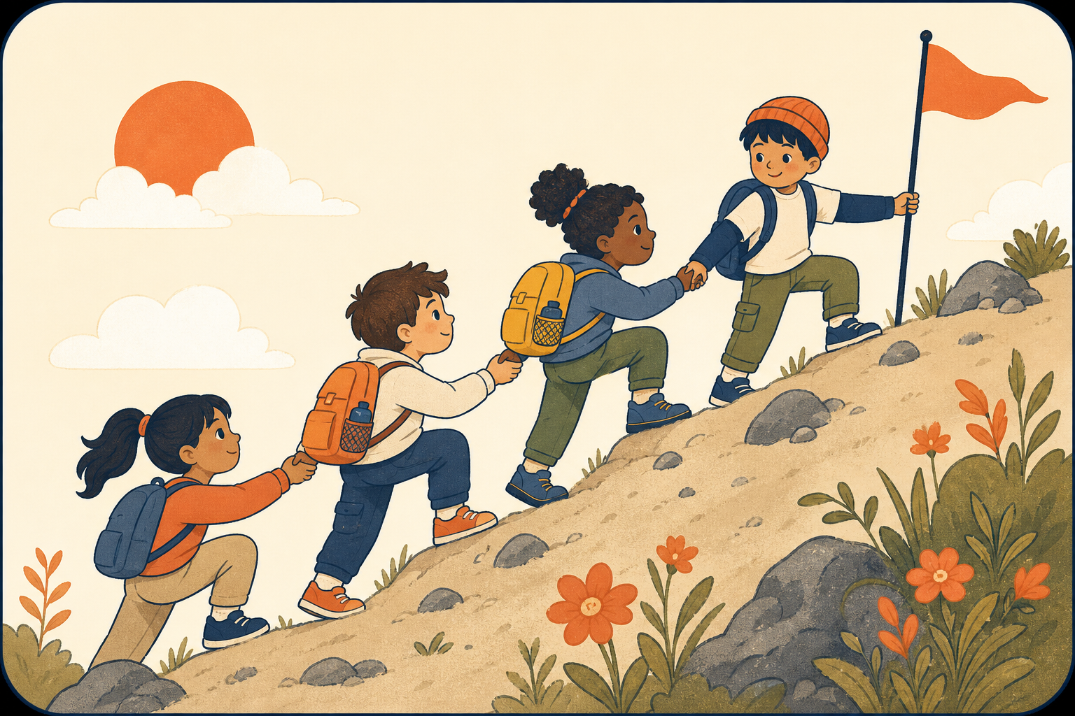 Children climbing a hill together, supporting each other through a challenge.