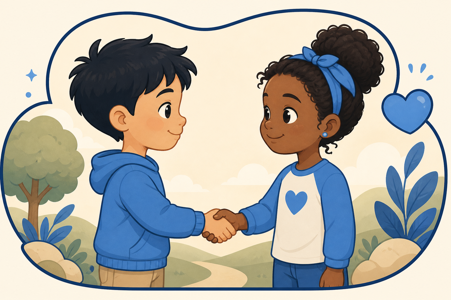Two children shaking hands with kindness, representing respect.