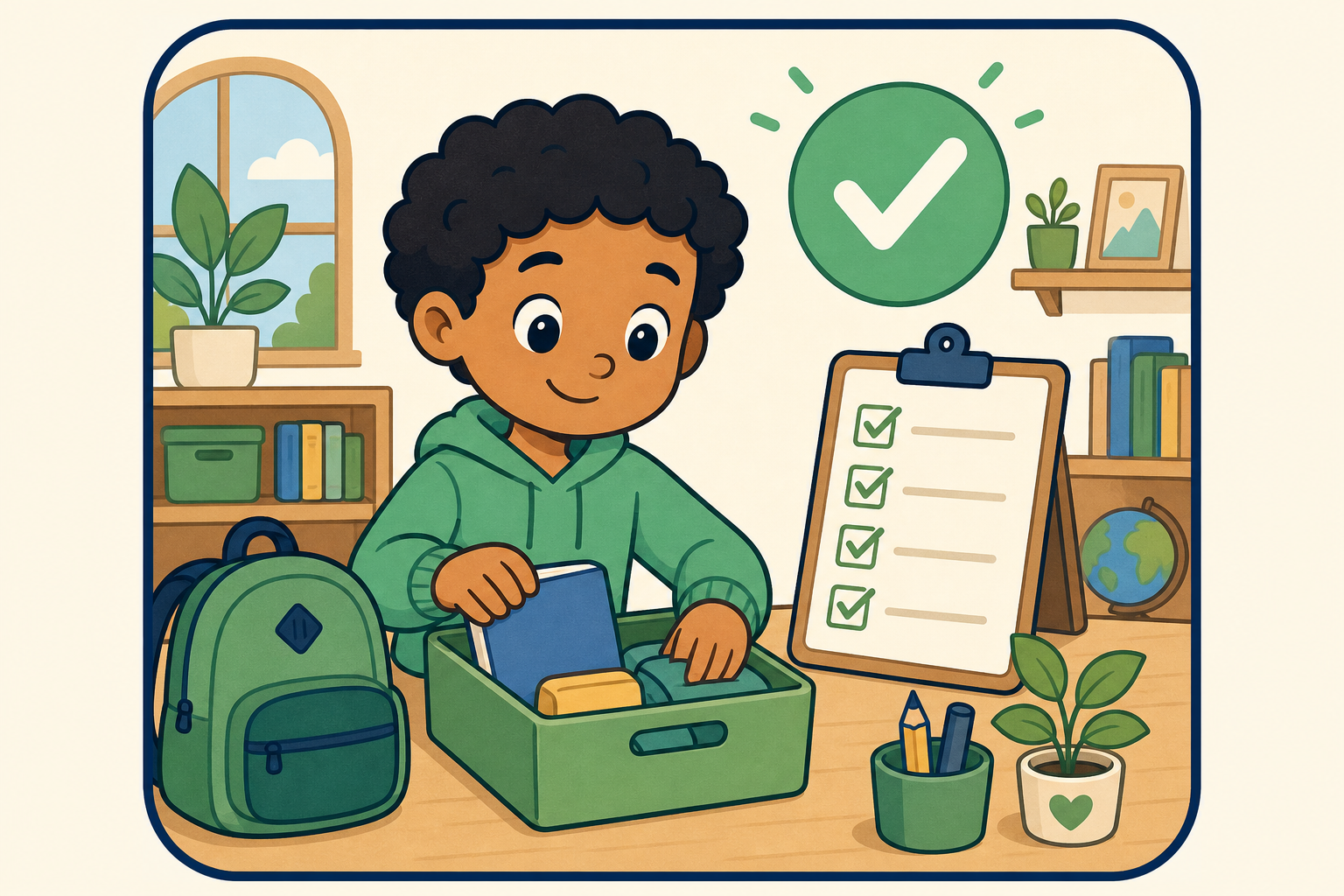 A child completing a task with a checklist, representing responsibility.